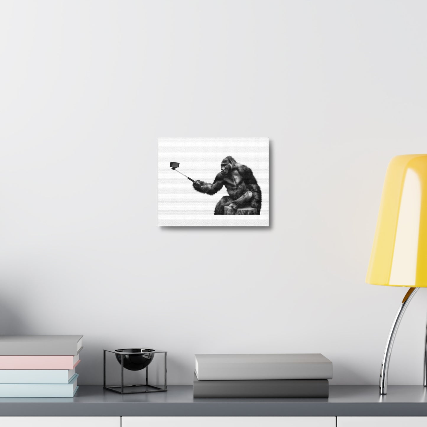 Gorilla with Selfie Stick, Absudist Art Print on Satin Canvas