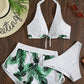 Three-Piece Leaf Print Bikini with Shorts, Fashion Summer Beach Swimsuit
