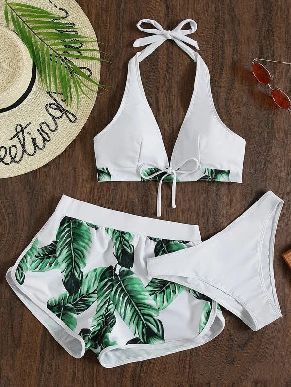 Three-Piece Leaf Print Bikini with Shorts, Fashion Summer Beach Swimsuit