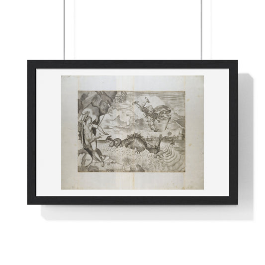 Perseus and Andromeda (1550-1570) by Giulio Sanuto after Titiaan, Albrecht Dürer and Ferando Bertelli, from the Original, Framed Print