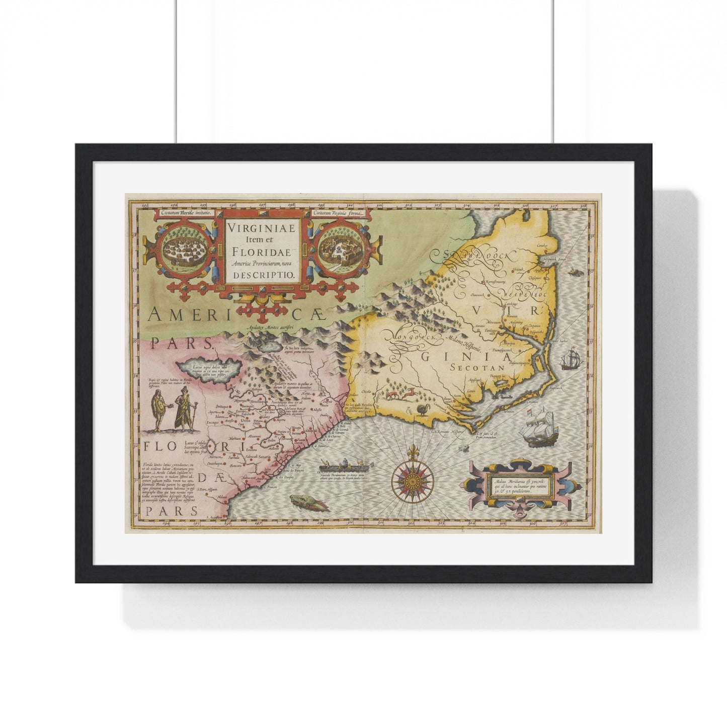 Historic Map of the American South: Virginia Item et Floridae (1606) by Gerardus Mercator and Jocodus Hondius, Framed Print