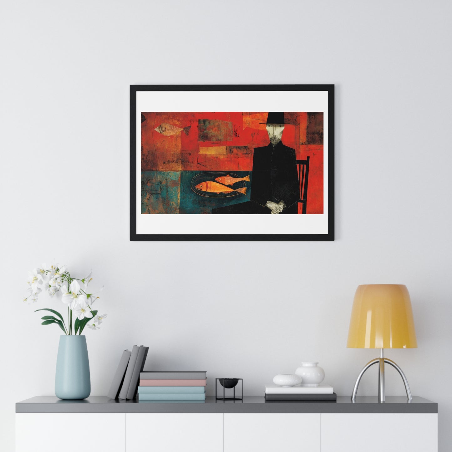 The Man and the Golden Fish in the Style of Modigliani 'Designed by AI' Framed Art Print