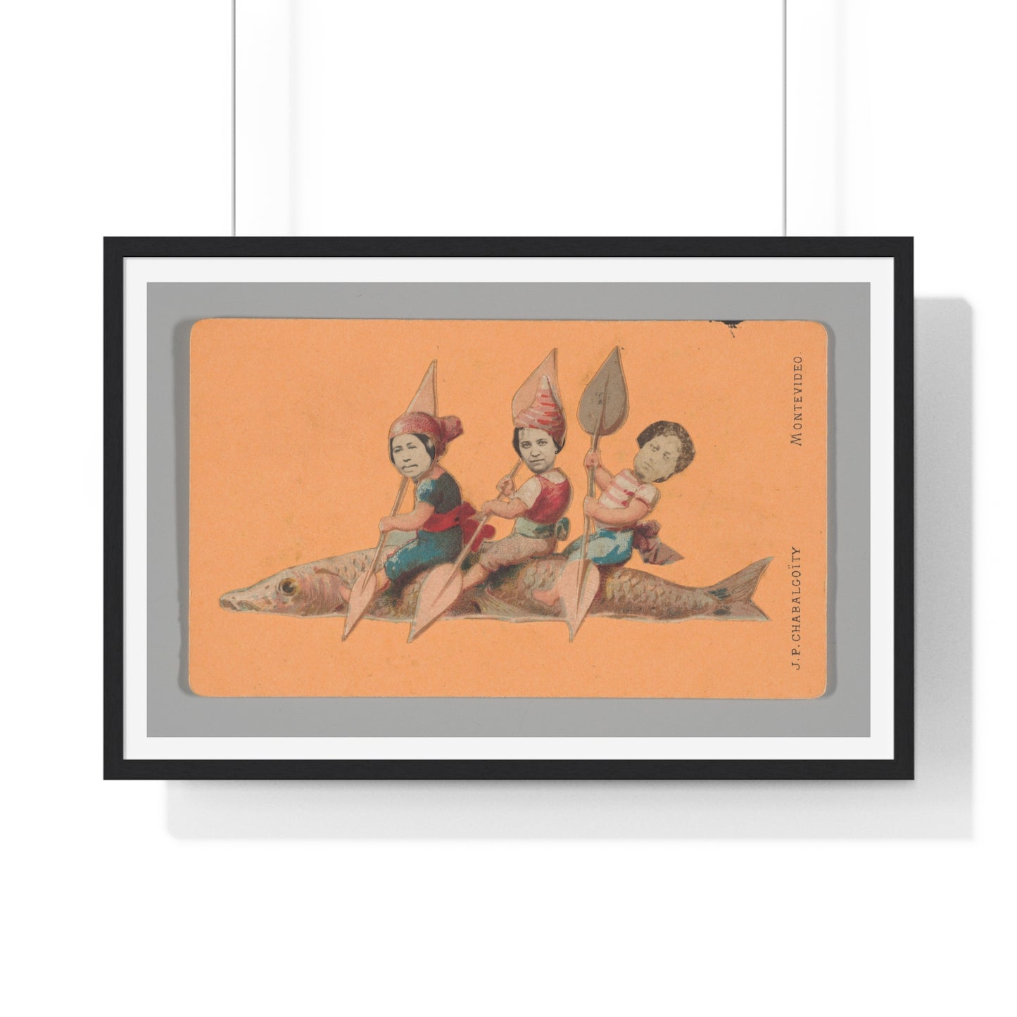 Uruguayan Photo Collage, Three People Holding Oars, Sitting on a Large Fish (circa 1875) Framed Art Print