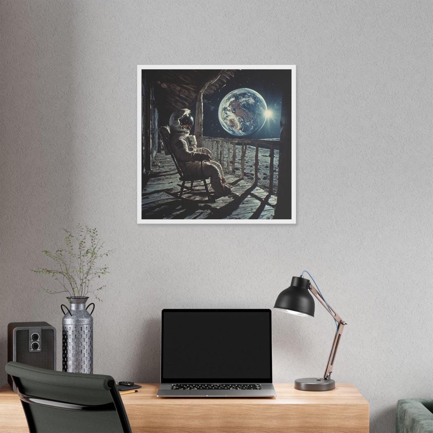 Astronaut on the Moon Sitting in a Rocking Chair on the Porch of a Farmhouse, Photorealism 'Designed by AI' Canvas Art Print