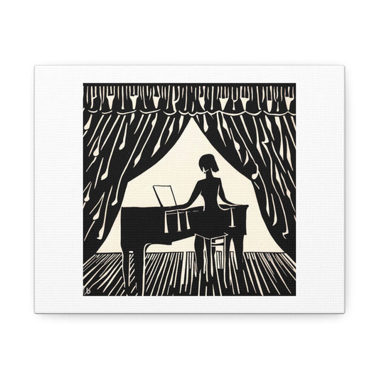 Woman Playing Piano in the Theatre by Candlelight Linocut 'Designed by AI' Art Print on Canvas