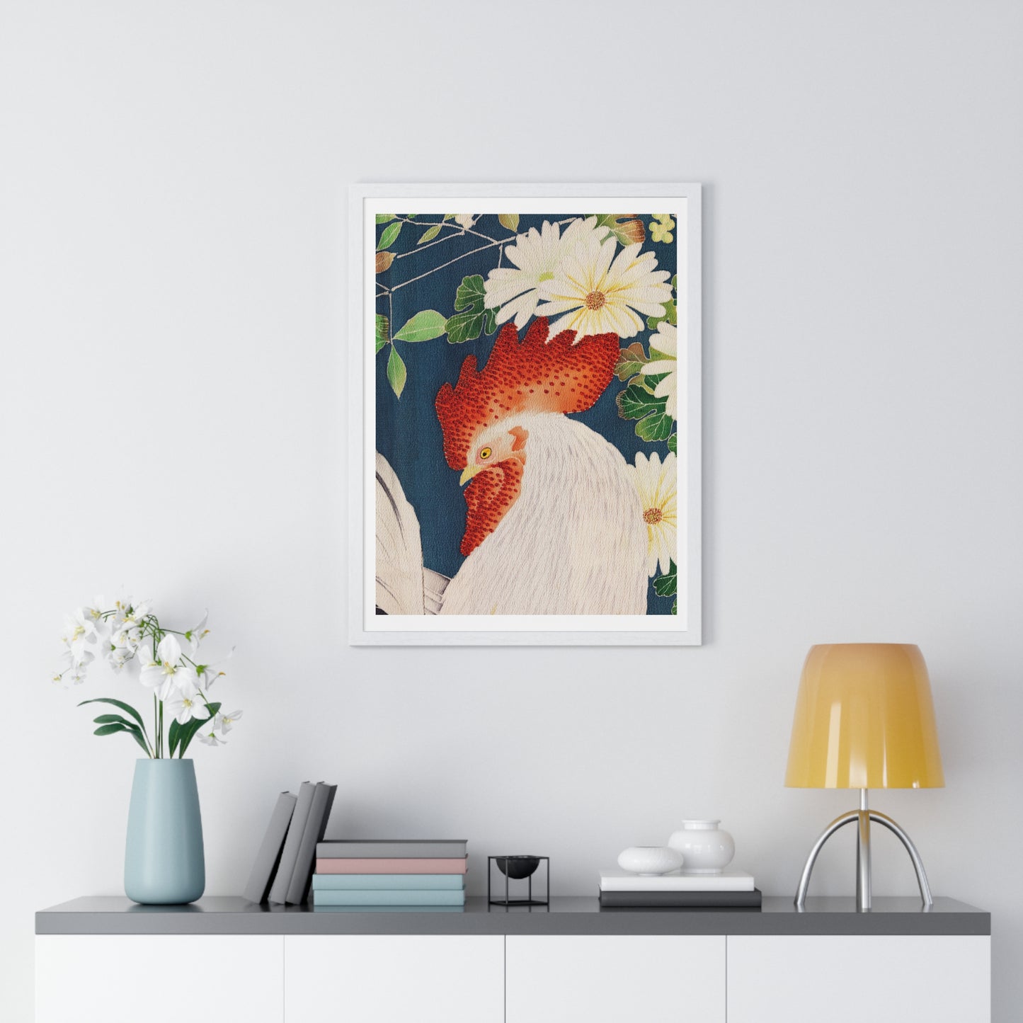 Rooster Pattern on Kimono Fabric, from the Original, Framed Art Print