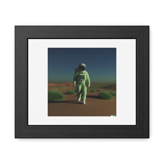 3D Render Of An Astronaut Walking In A Green Desert 'Designed by AI' Wooden Framed Print