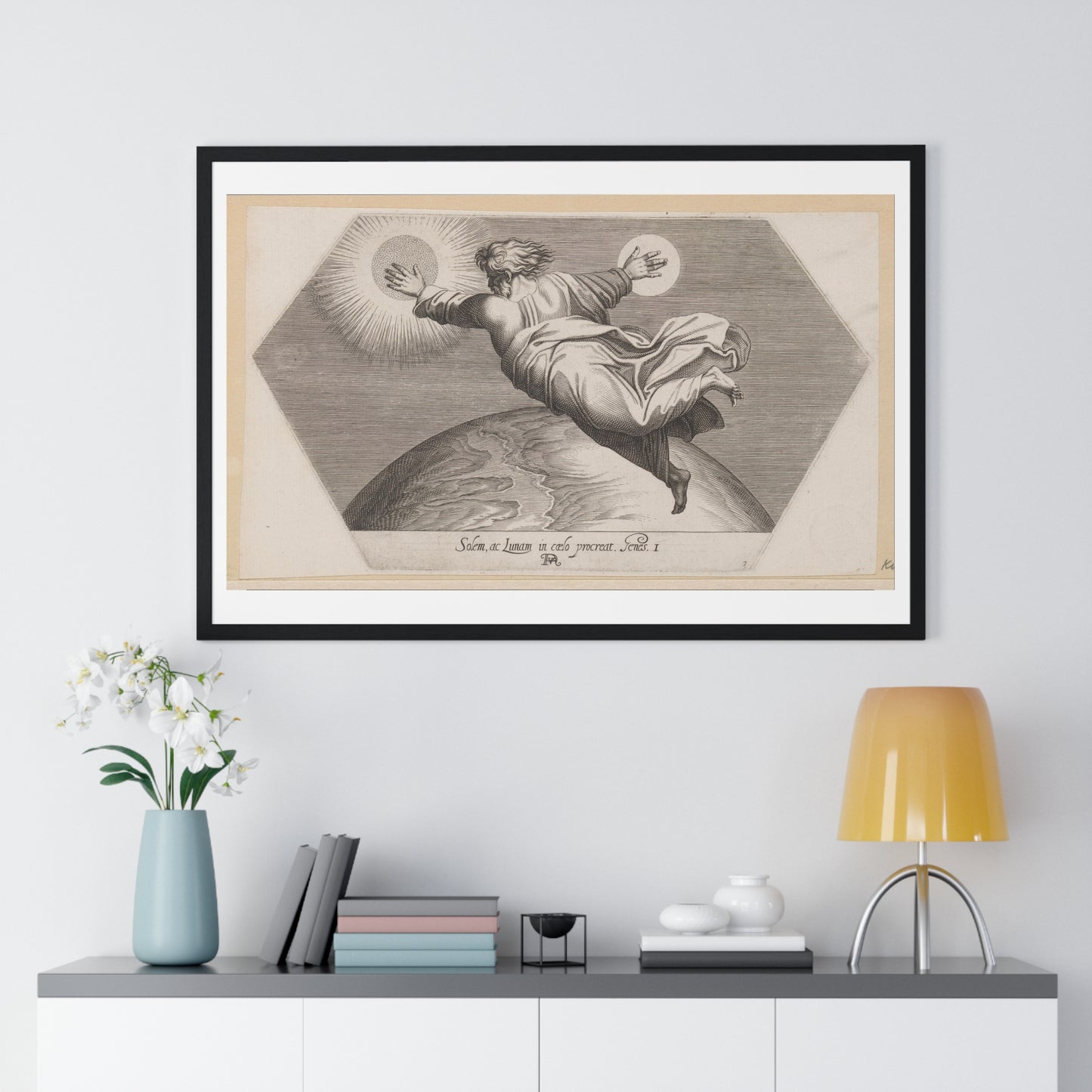 God Schept de Zon en de Maan (1626) by Francesco Villamena and Rafaël, from the Original, Framed Art Print