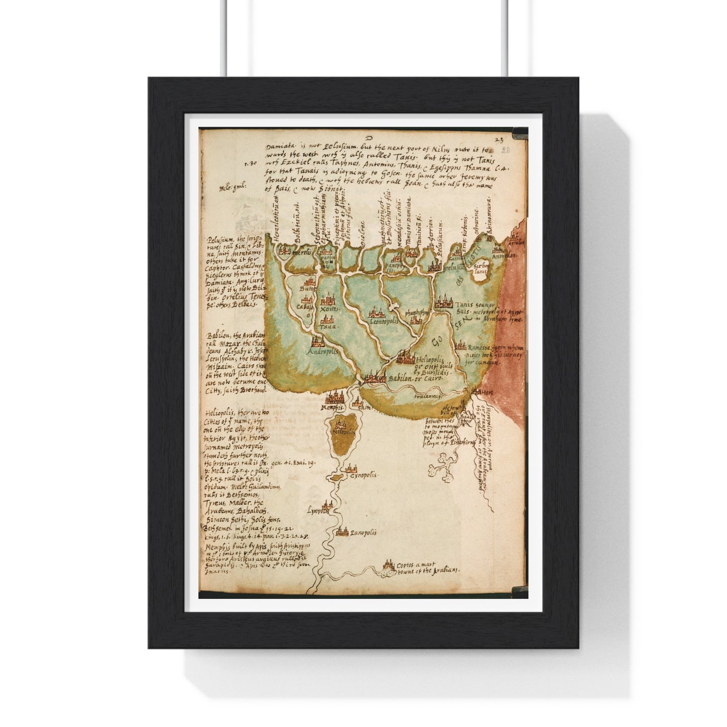 Antique Map of Lower Egypt (circa 1607) from the Original Sir Walter Raleigh Manuscript, Framed Print