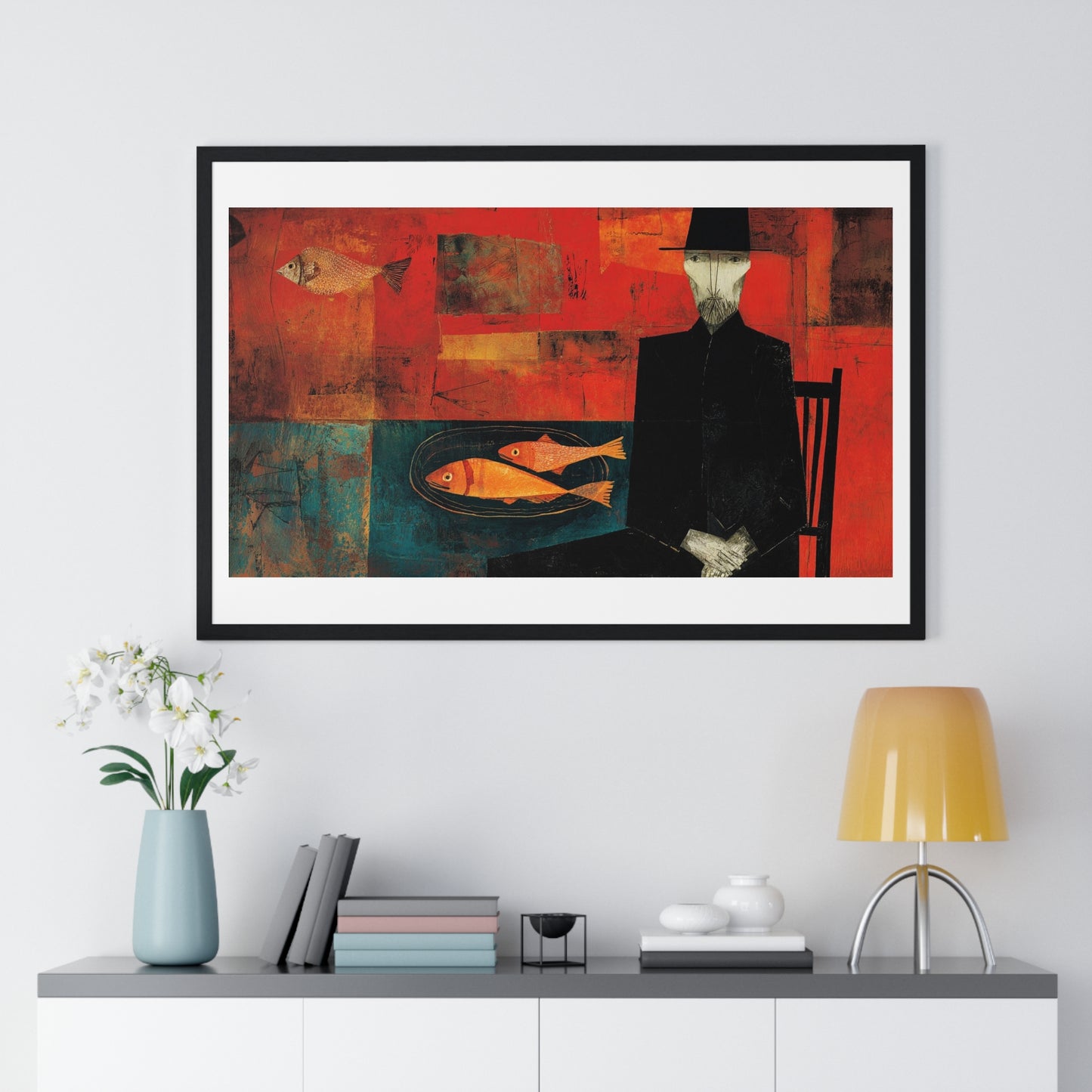 The Man and the Golden Fish in the Style of Modigliani 'Designed by AI' Framed Art Print