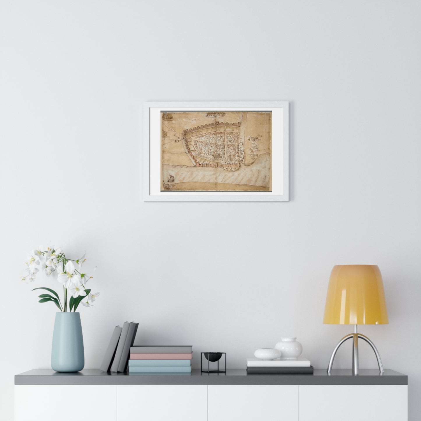 Antique Map of the City of Hull (circa 1539) from the Original Manuscript, Framed Print