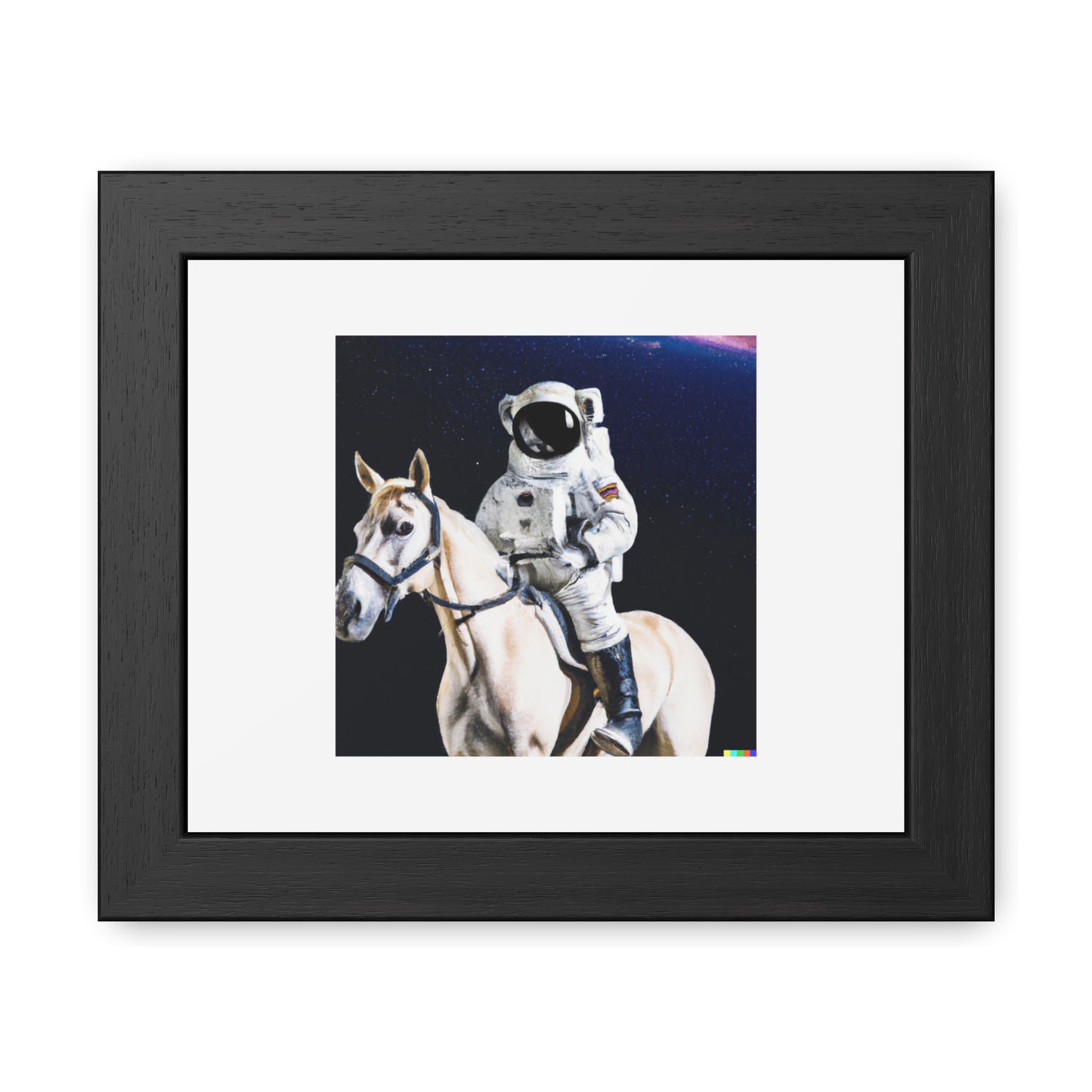 Astronaute chevauchant un art numérique à cheval 'Conçu par AI' Poster encadré en bois en papier mat classique