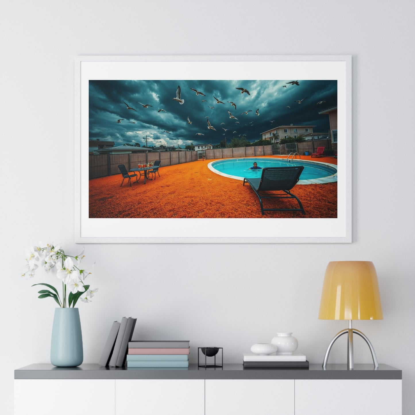 Dystopian Pool Scene Photorealistic Art Style 'Designed by AI' Framed Print