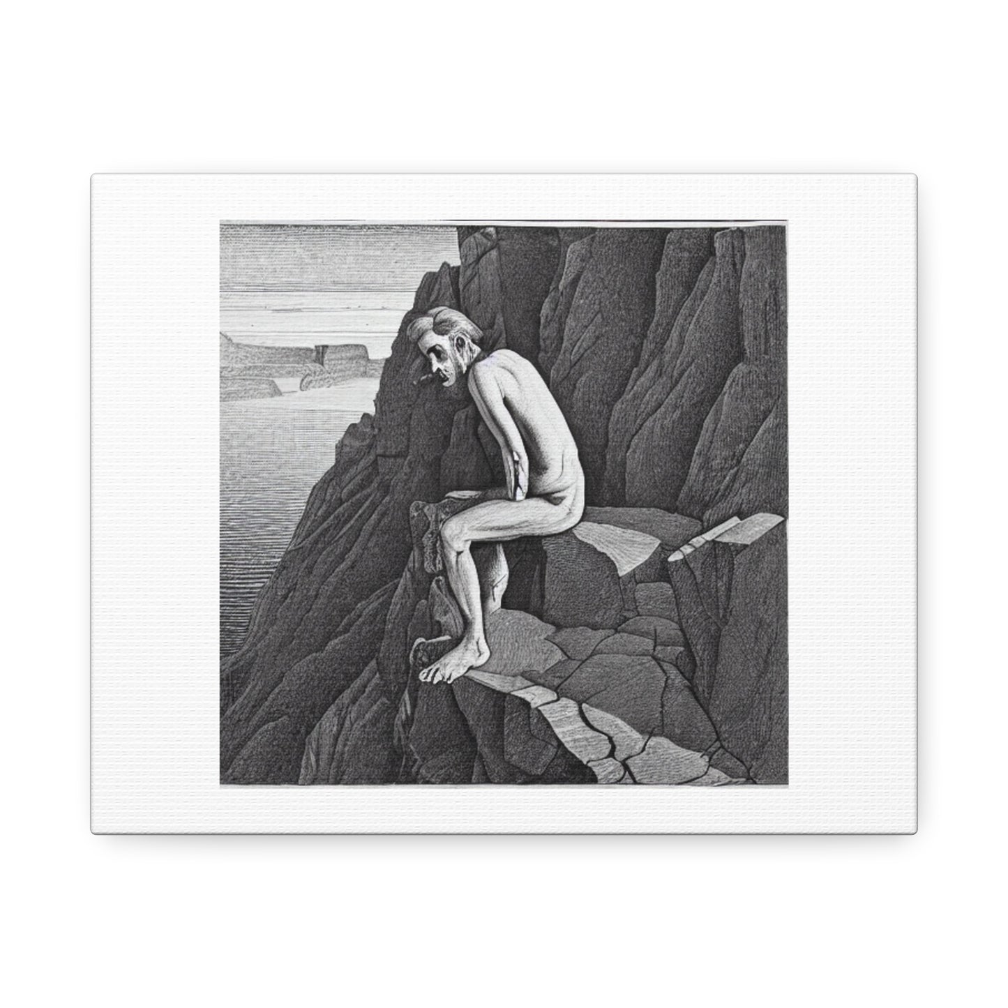 Man Sitting on the Edge of a Cliff 'Designed by AI' Art Print on Canvas