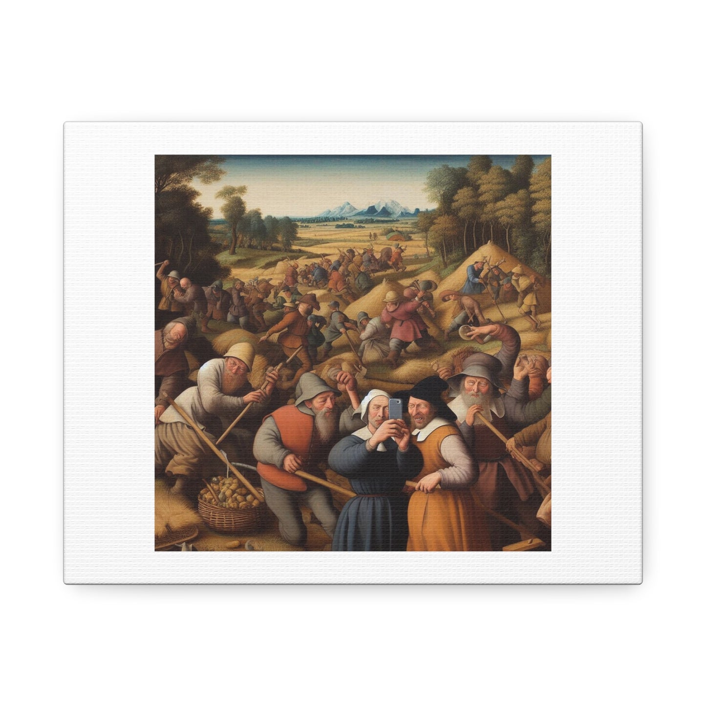 Pieter Bruegel the Elder's The Harvesters Taking Selfies Art Print ' Designed by AI' on Satin Canvas