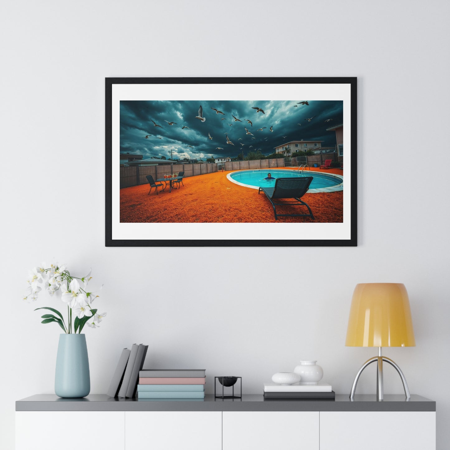 Dystopian Pool Scene Photorealistic Art Style 'Designed by AI' Framed Print