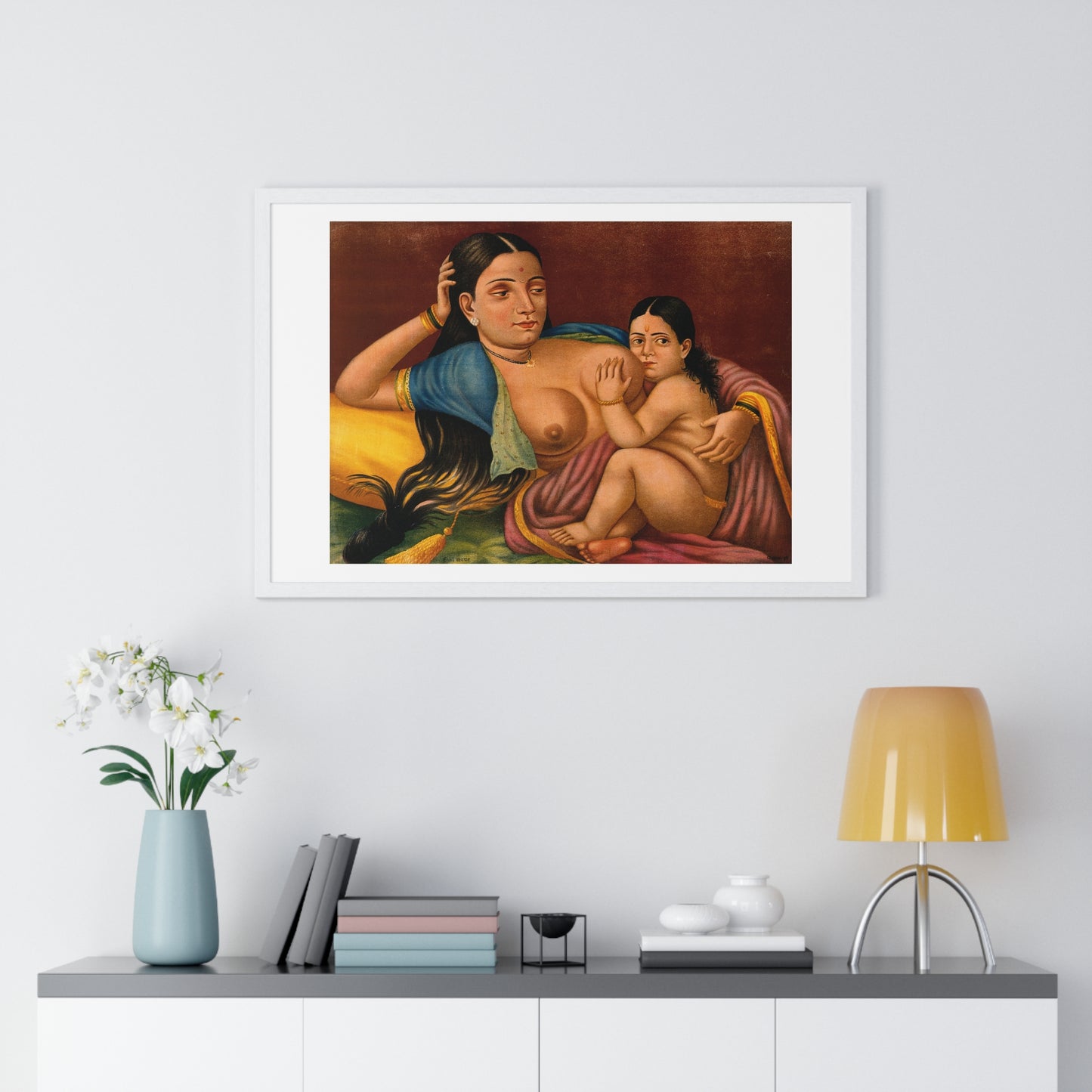 Woman Suckling an Infant, Indian Chromolithograph, from the Original, Framed Art Print