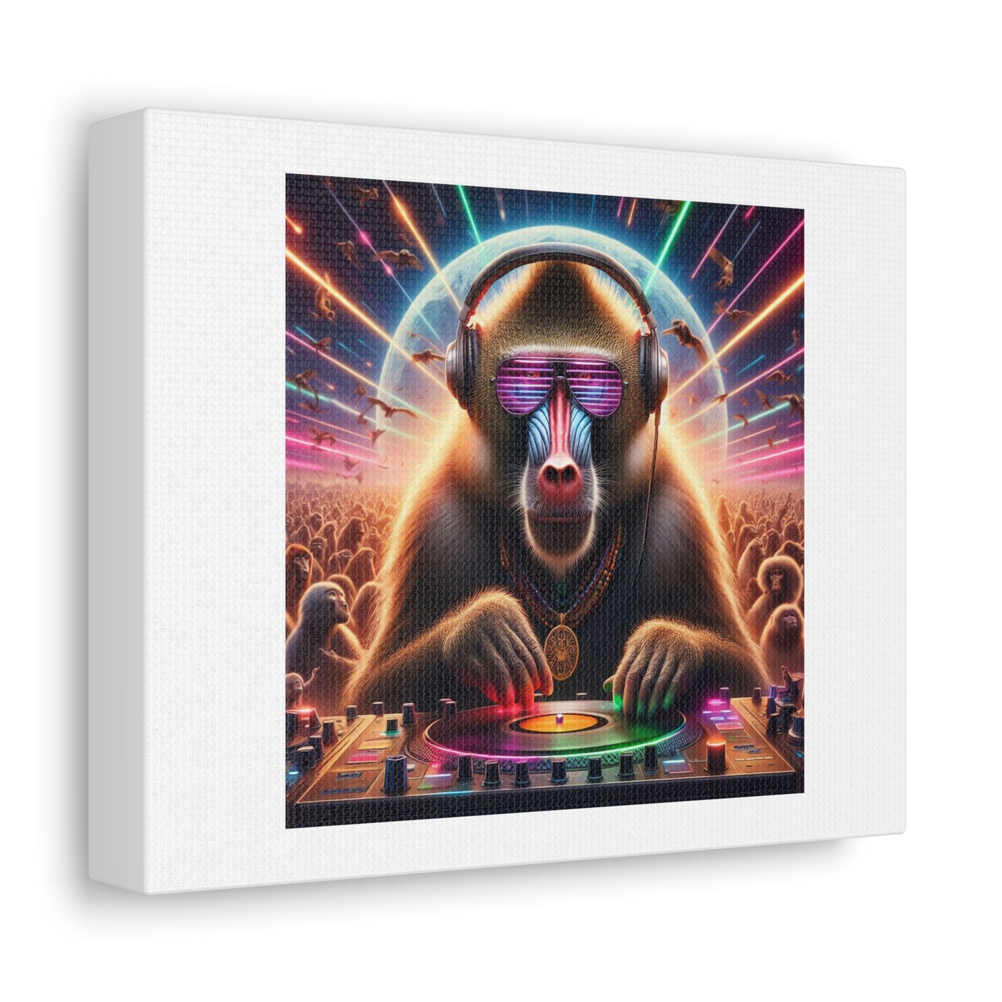 Techno DJ Baboon Photorealism Art Print 'Designed by AI' on Satin Canvas