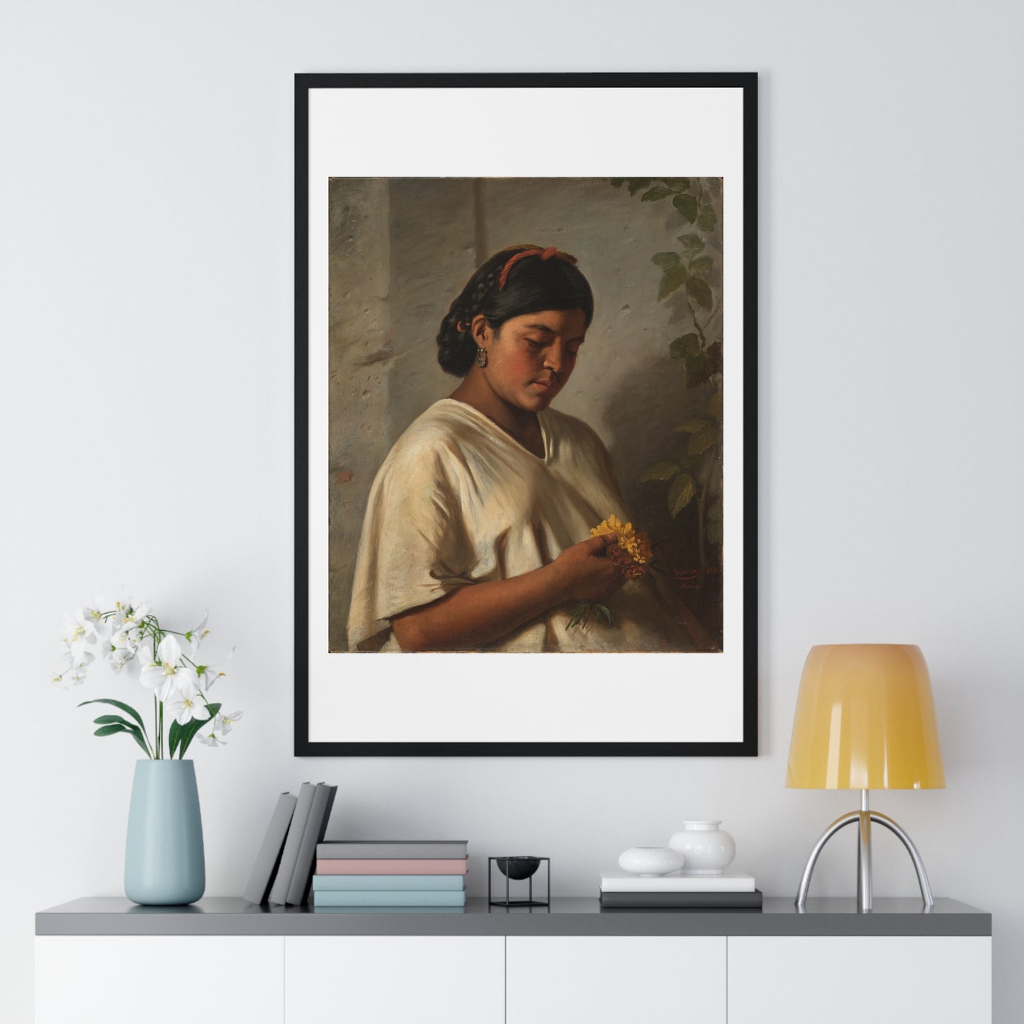 Indian Woman with Marigold 'Mujer Indígena con Cempasúchil' by Felipe Santiago Gutiérrez, from the Original, Framed Print