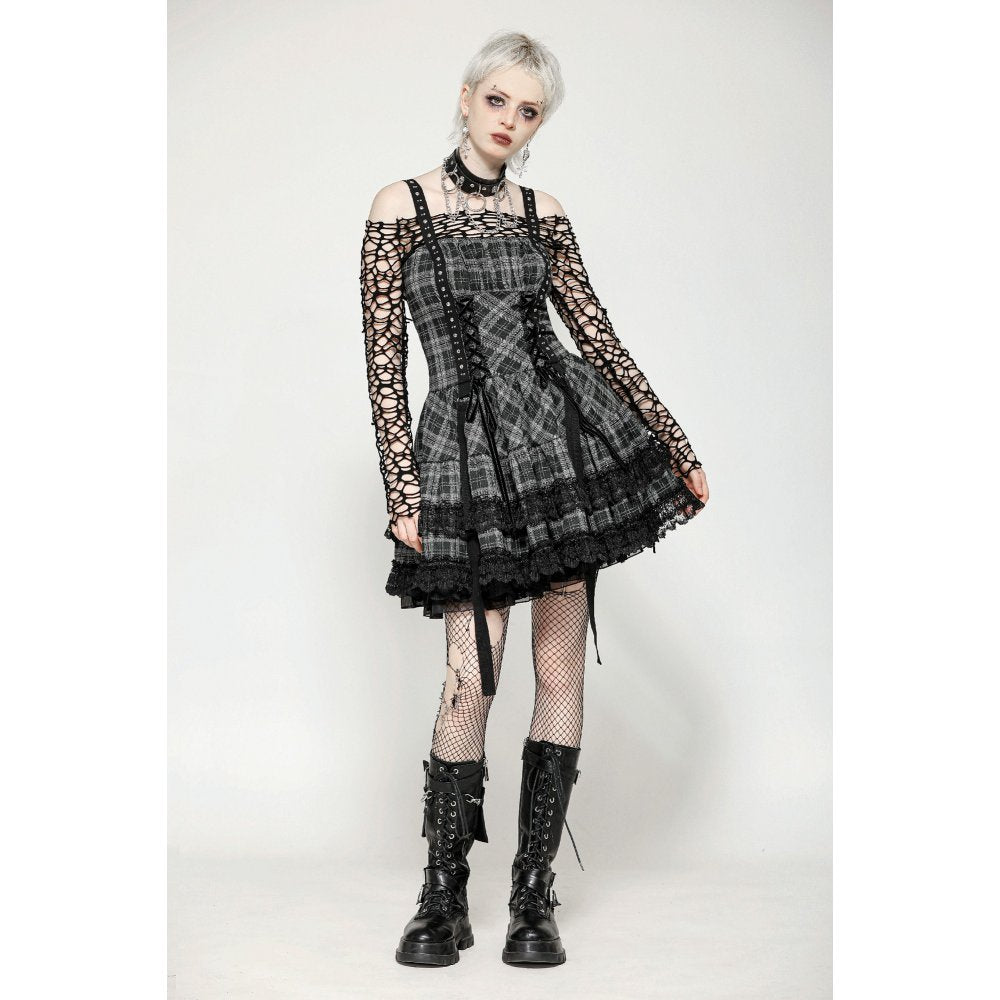 Dark in Love Ida Punk Grey Tartan Metal-Studded Dress
