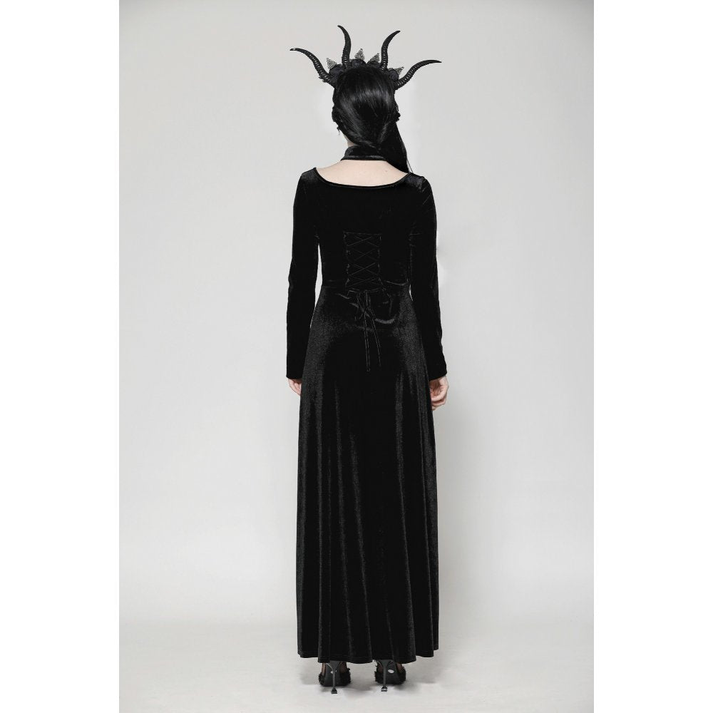 Dark in Love Vera Gothic Velvet High-Slit Maxi Dress with Hollow Neckline, Embroidered Buttons