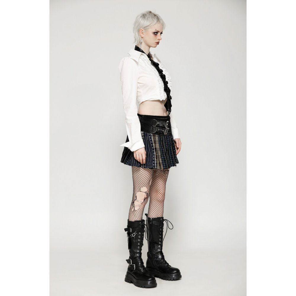 Dark in Love Sage Tartan Patchwork Leather-Waist Pleated Mini Skirt