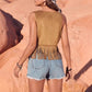 Women's Cowgirl Casual Getaway Western Boho Suede Fringe Vest Top