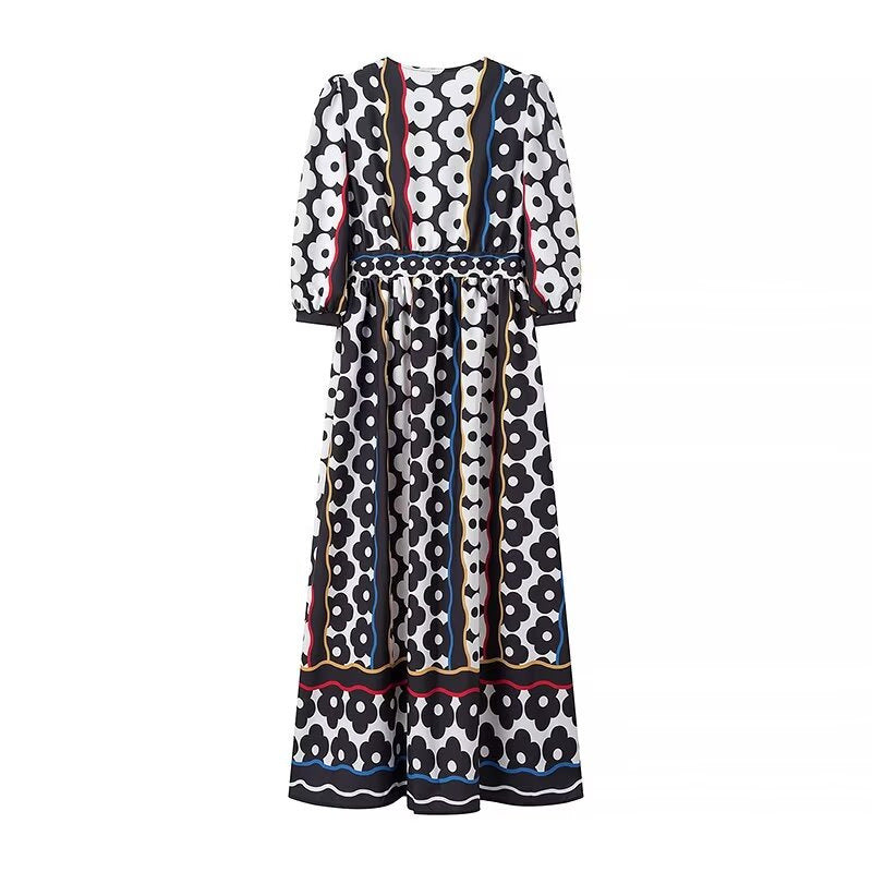 Women's Fashion Boho Black & White Print Elegant Dress