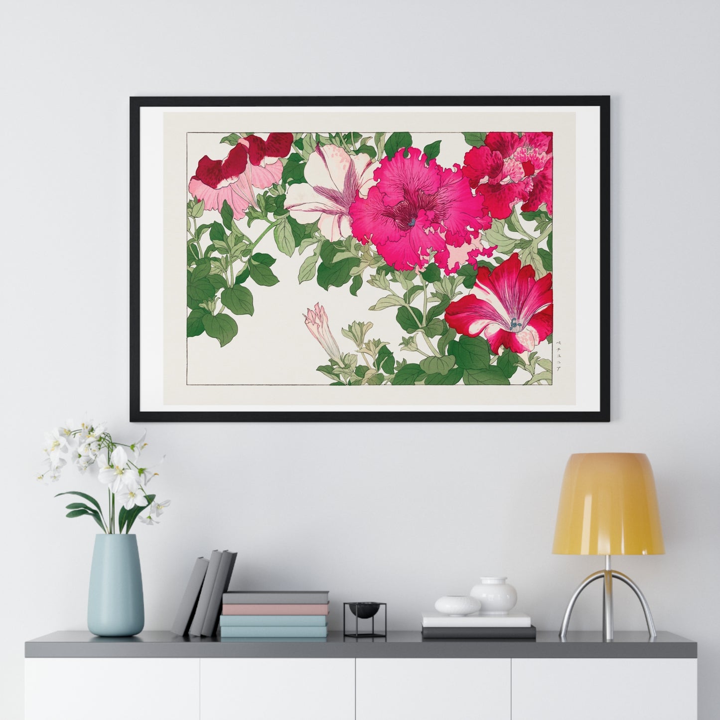 Vintage Petunia, Japanese Woodblock Art (1917) from Seiyō Sōka Zufu, by Tanigami Kônan, Framed Art Print