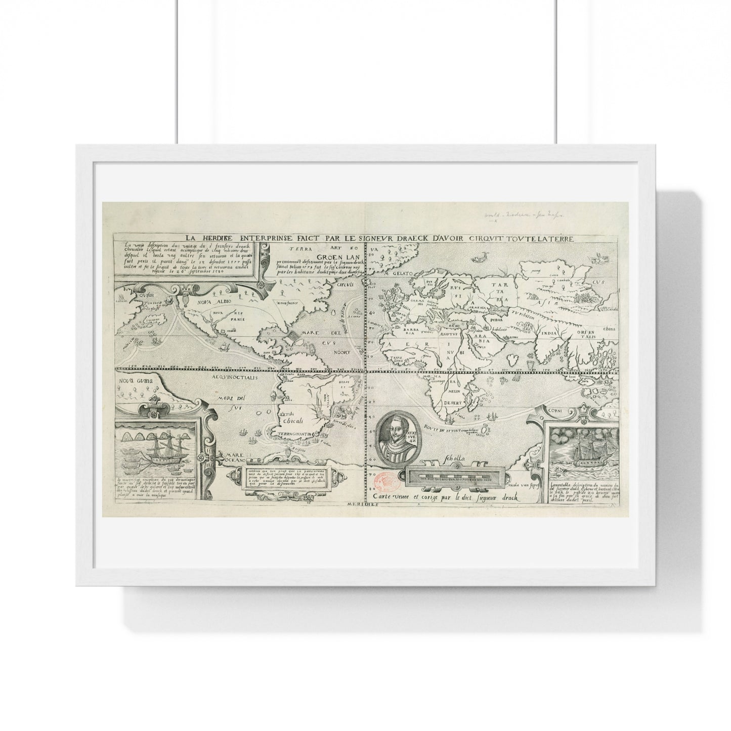 Francis Drake's World Voyage, Tudor Antique Map (circa 1581) from the Original, Framed Print
