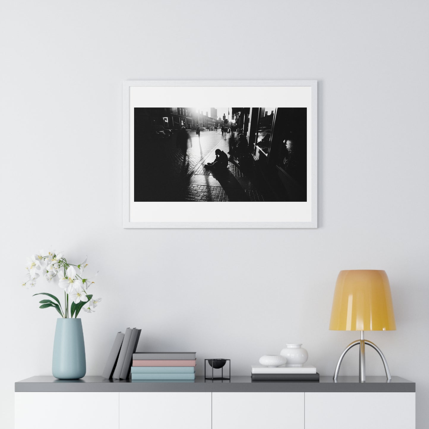 Black and White Photography, High-Contrast Cityscape 'Designed by AI' Framed Print