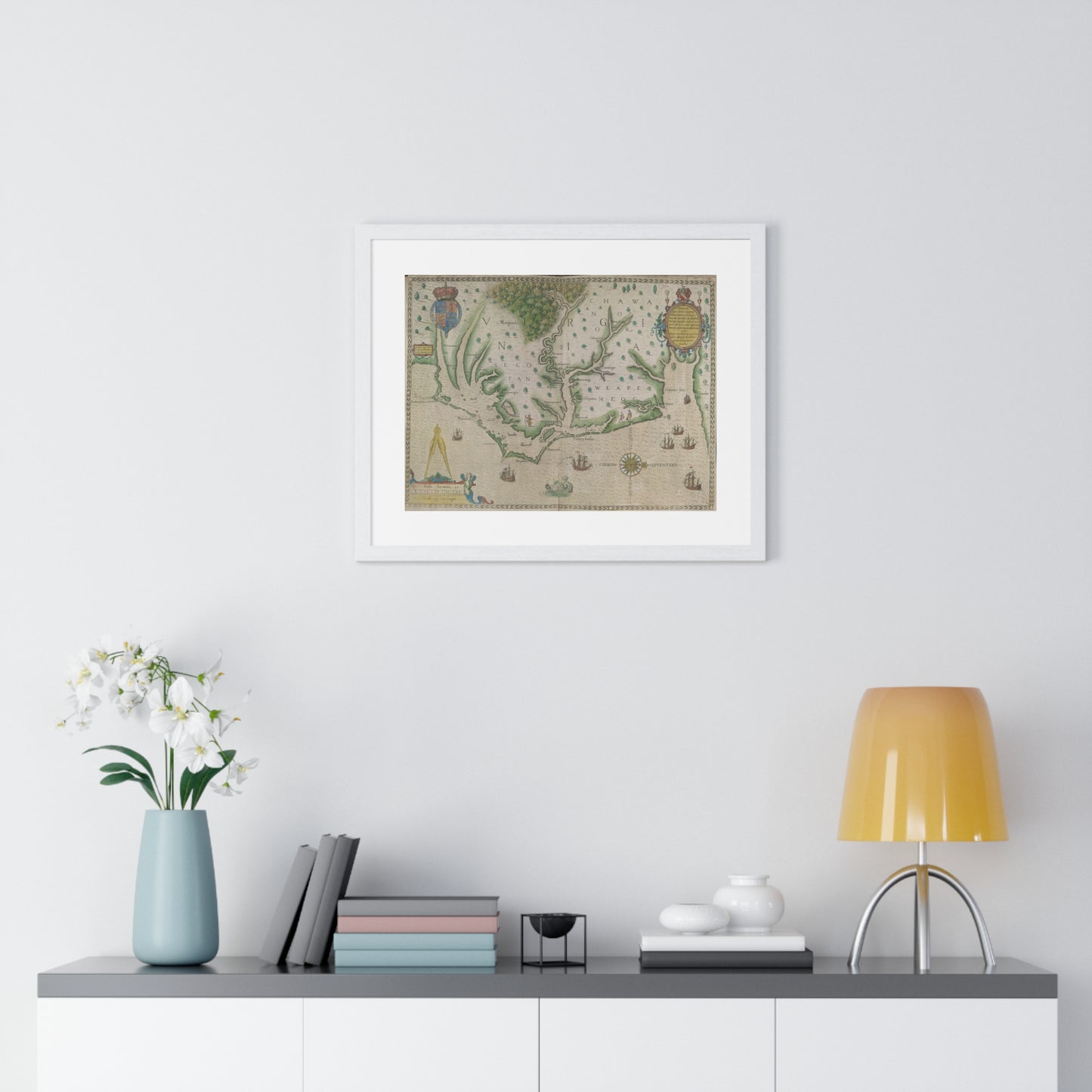 Engraved Map of Virginia (1618) Showing the Arrival of Sir Walter Raleigh's Expedition, from the Original, Framed Print