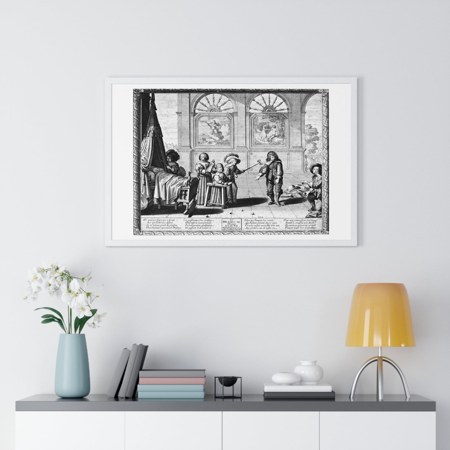 Children Playing with Toys, in the Background are Paintings of the Creation and the Creation of Adam, by Abraham Bosse (1636) Framed Print