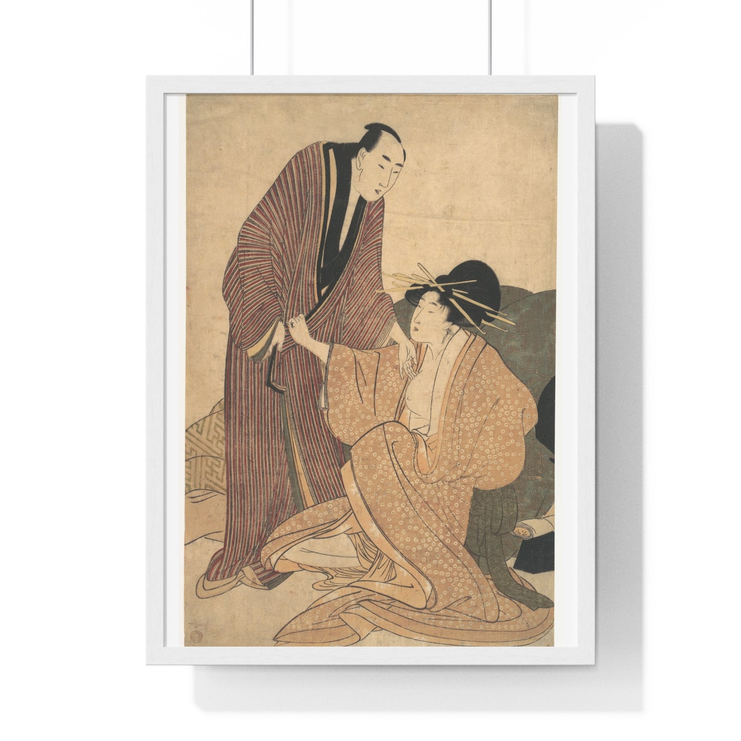 Japanese Vintage Art: Parting of Lovers, the Courtesan and her Lover (circa 1800) by Utamaro Kitagawa, Framed Art Print