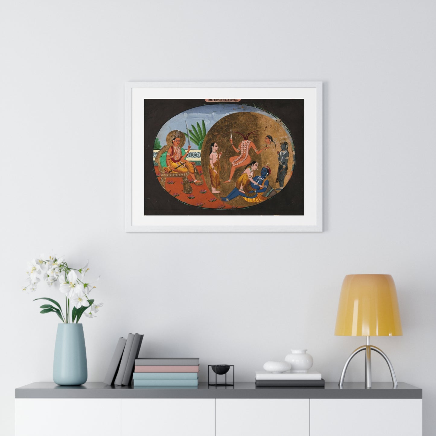 Hindu Deities Shiva, Chhinnamasta, Kamadeva and Rati, 19th Century Gouache Painting by an Indian Artist, Framed Print