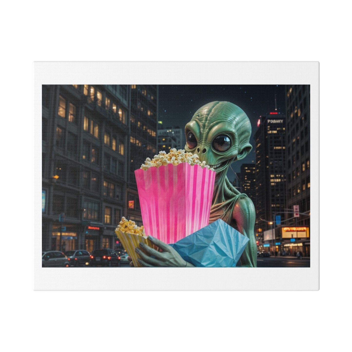 Alien Watching the Planet Earth Show 'Designed by AI' Satin Canvas Art Print