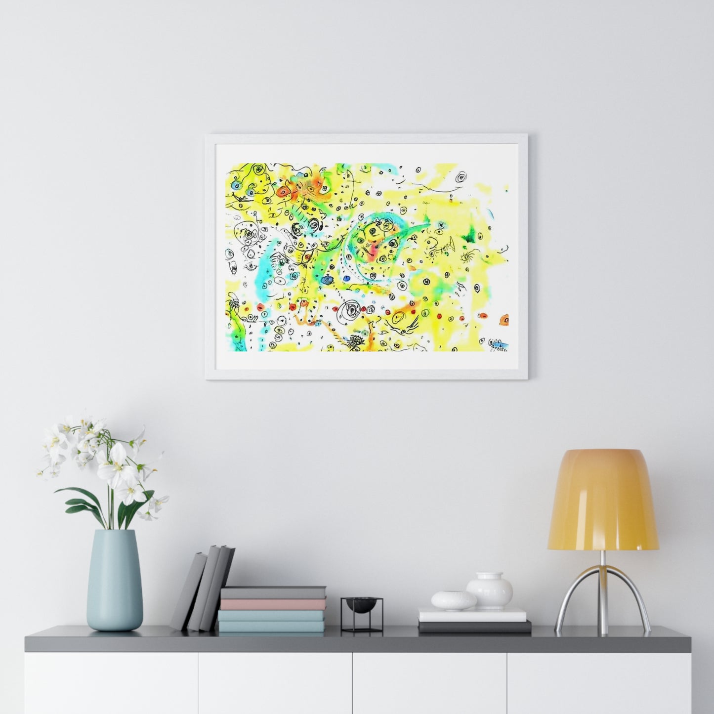 Yellow Scatter Pattern, Abstract Large Wall Art, Framed Print