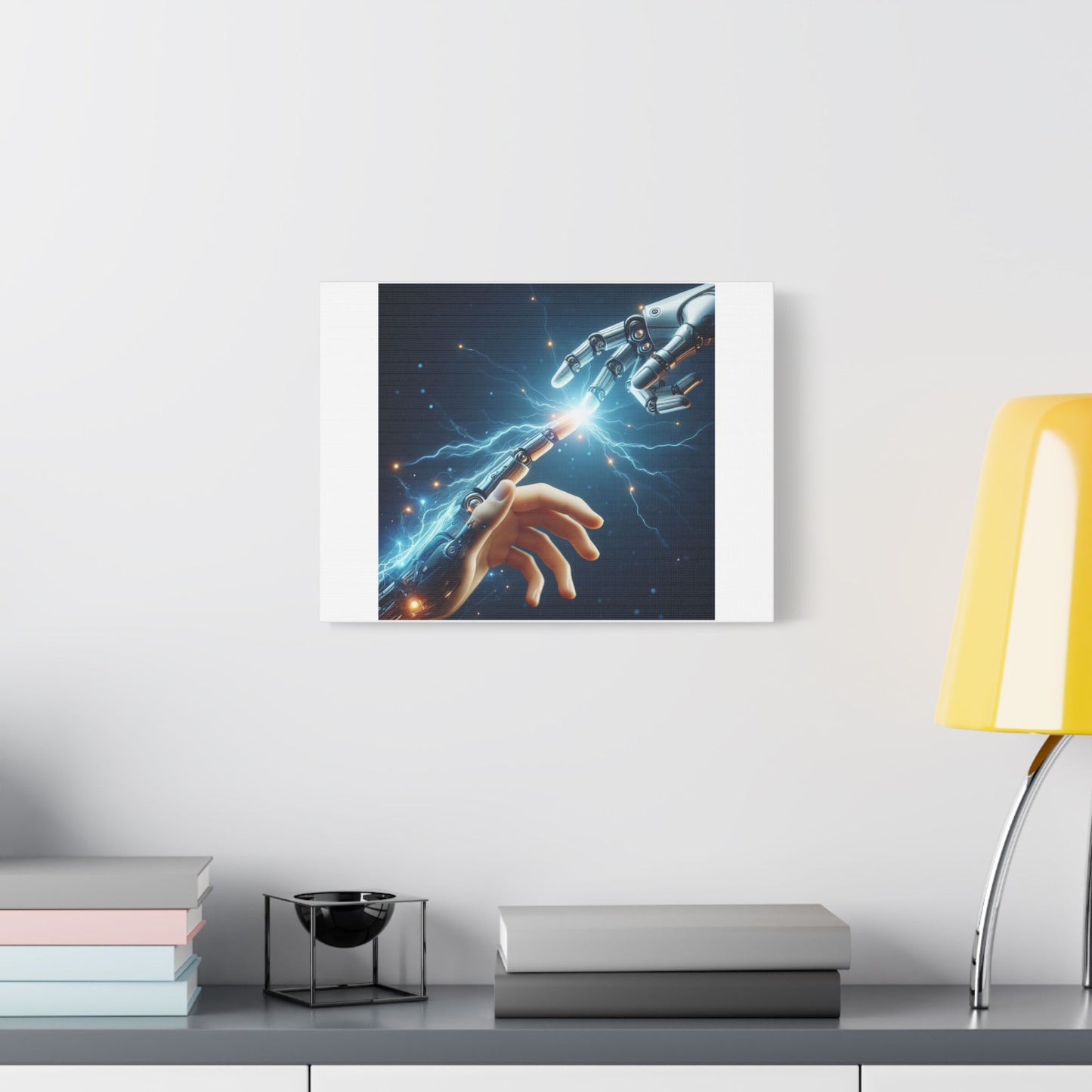 Robot and Human in Michelangelo's 'Creation of Adam' III, Art Print 'Designed by AI' on Canvas