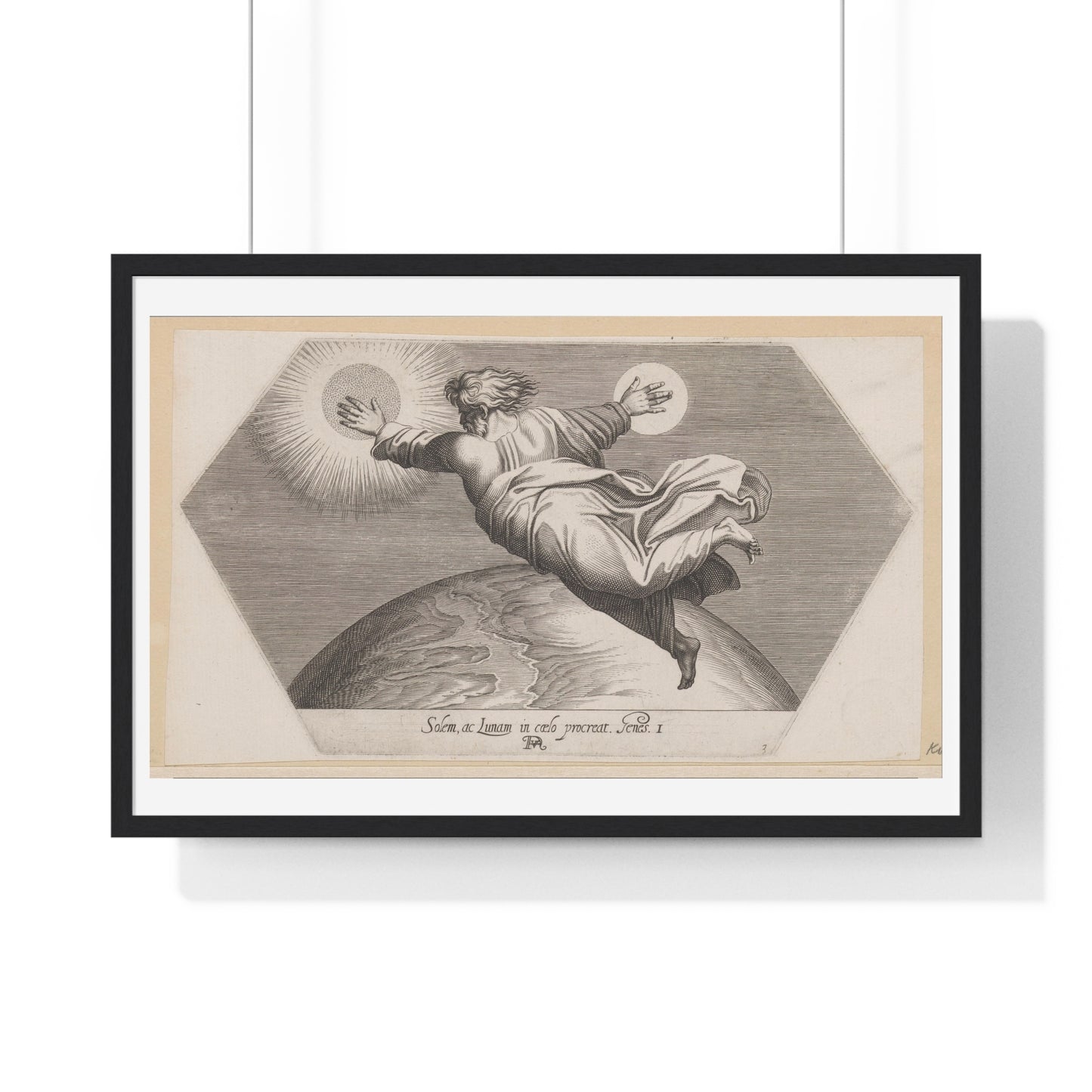 God Schept de Zon en de Maan (1626) by Francesco Villamena and Rafaël, from the Original, Framed Art Print