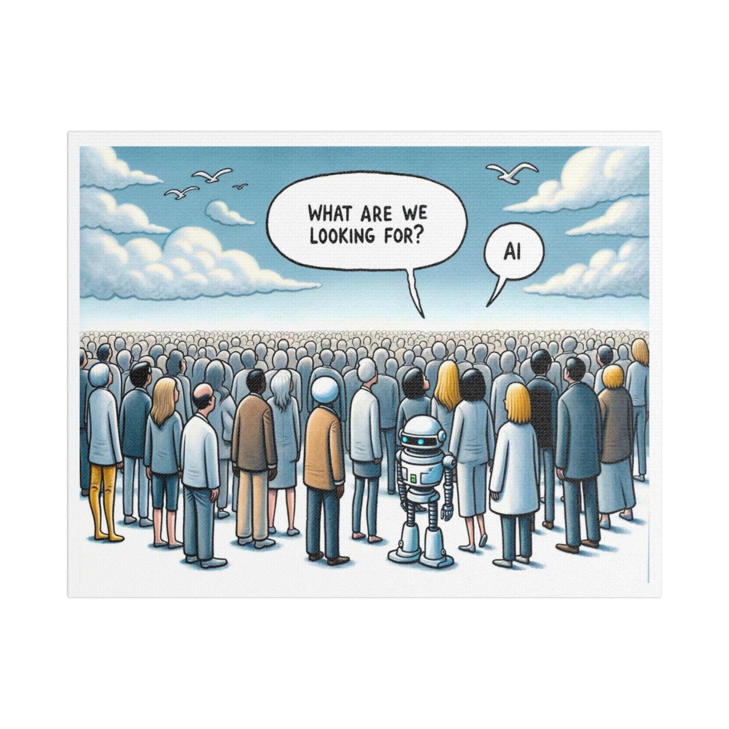 Looking for the Benefits of AI, Cartoon Art 'Designed by AI' Print on Canvas