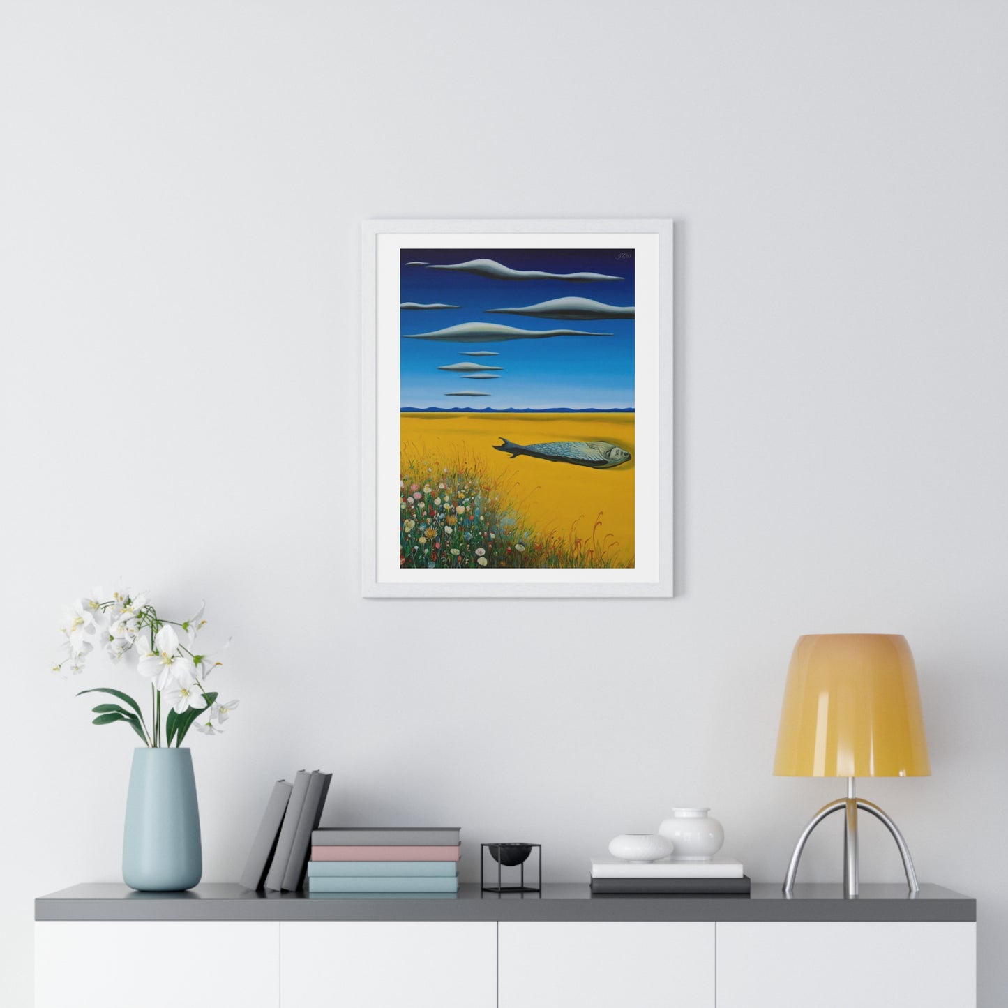 Yellow Meadow with Flowers, Surrealist Art 'Designed by AI' Framed Print