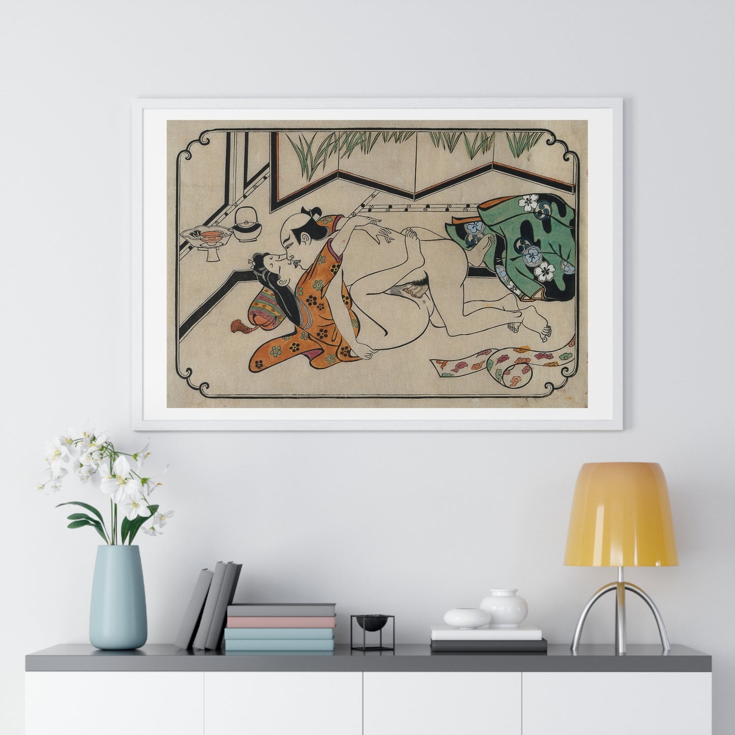 Middle-Aged Couple Making Love, Coloured Reproduction of a Woodcut by Moronobu (1680s) Framed Art Print