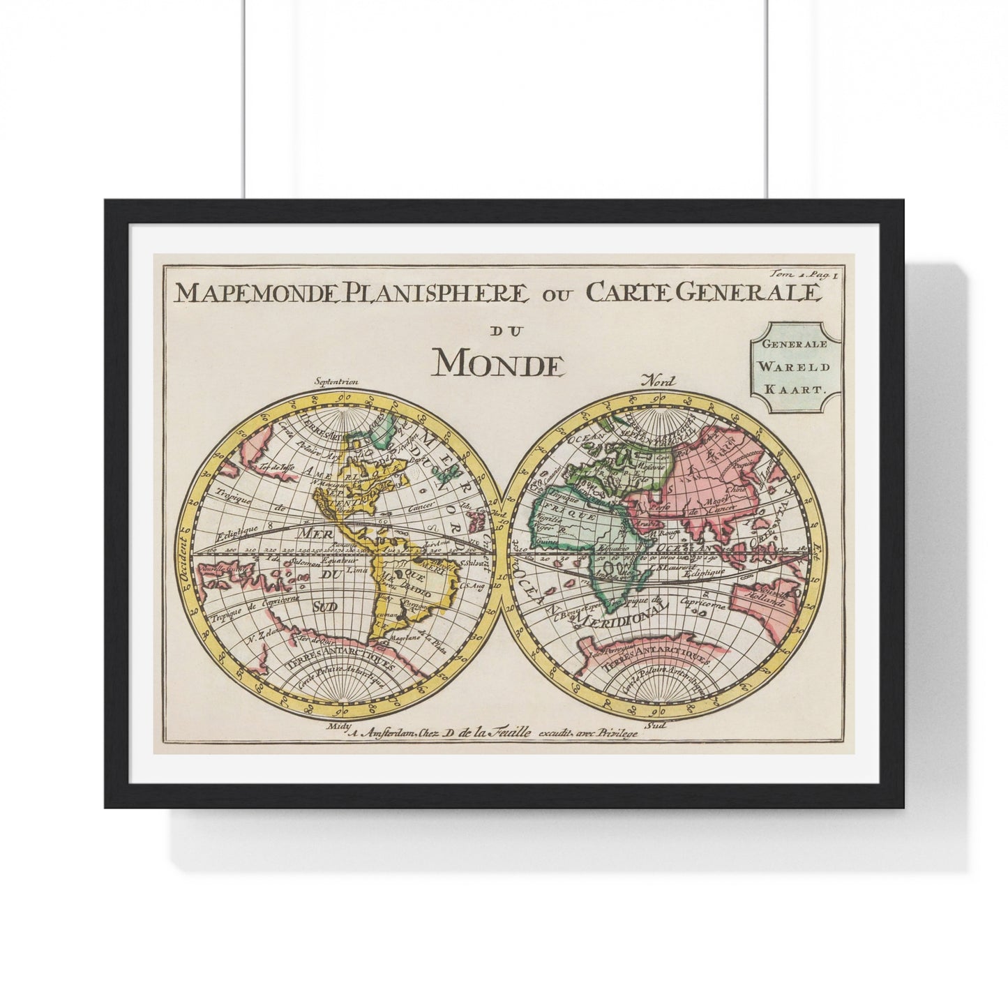 Wereldkaart Mapemonde, Planisphere ou Carte Generale du Monde (1735) by Daniel de Lafeuilledelete, from the Original, Framed Art Print