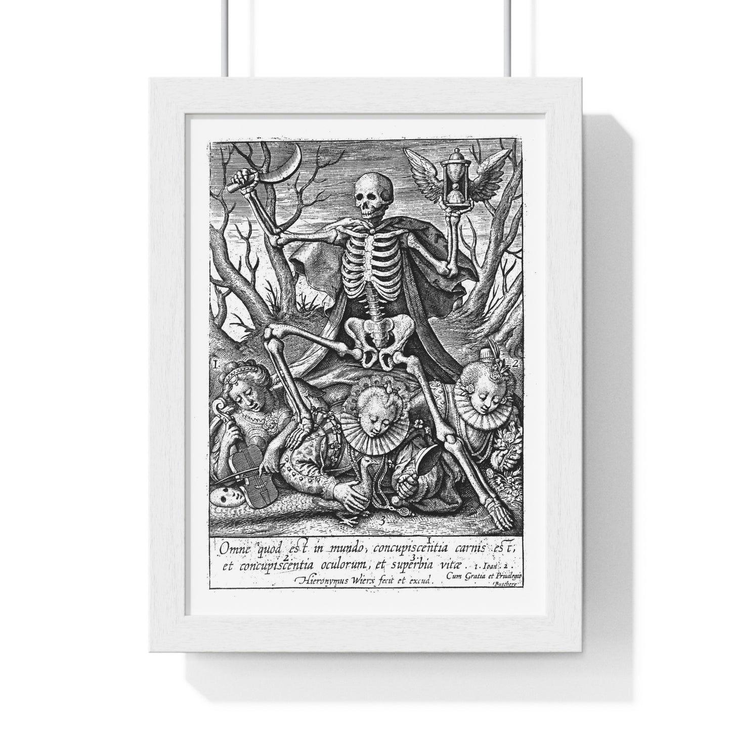 Death Tramples on Three Female Allegorical Figures Representing Sensual Pleasures, Etching by Hieronymus Wierix, Vintage Framed Print