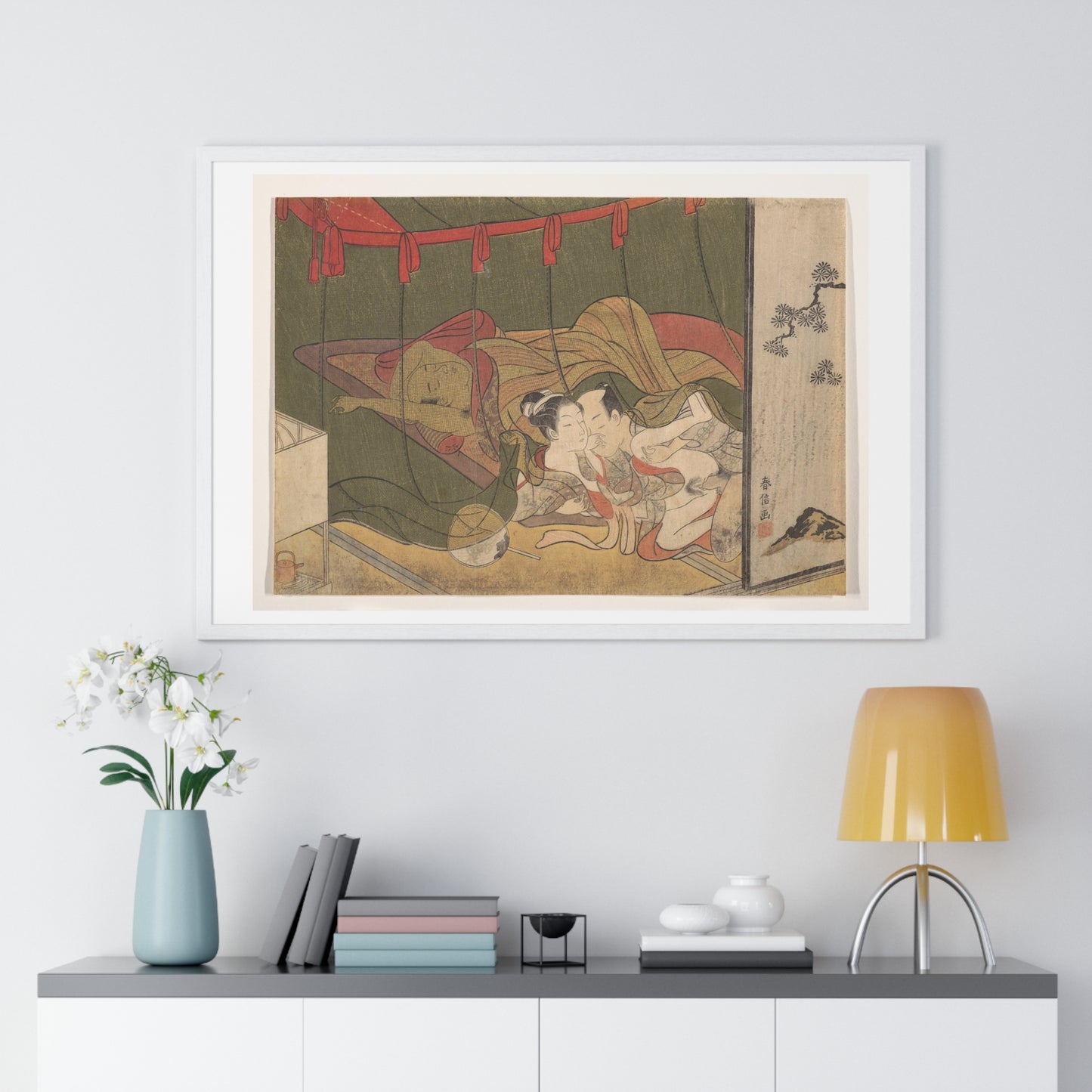 Lovers Beneath a Mosquito Net (18th Century) by Suzuki Harunobu, from the Original, Framed Print