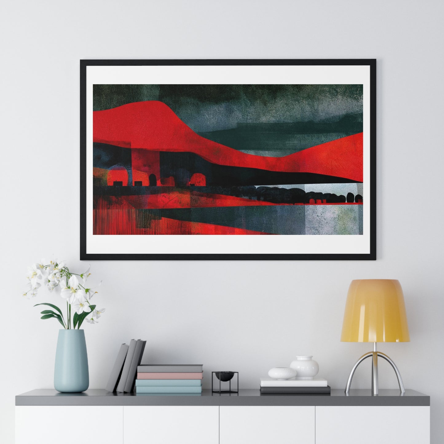 Unreal Landscape, Red and Grey Decor Art, Large Framed Print