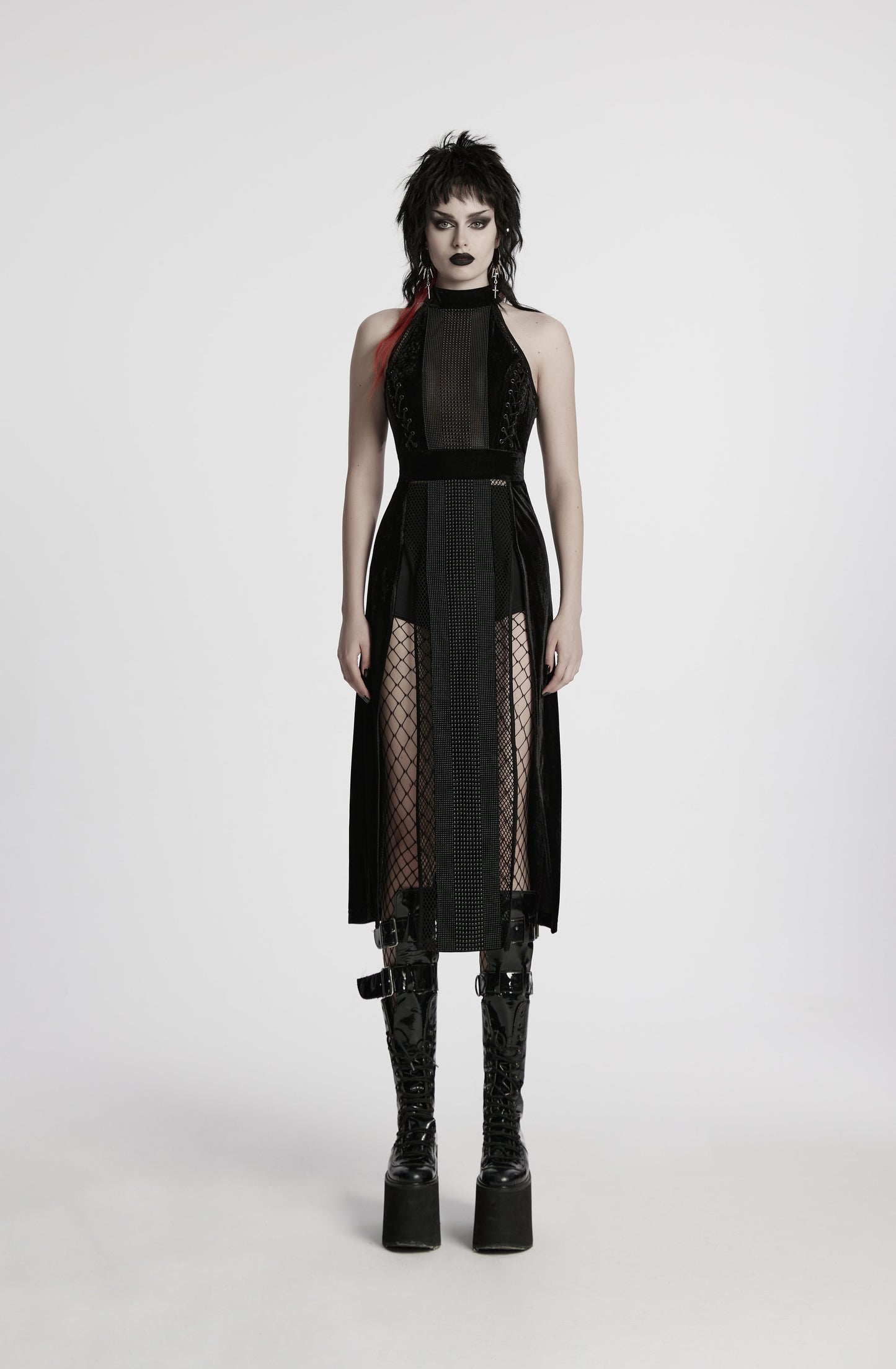 Punk Rave Selene Velvet Mesh High Slit Goth Dress In Black