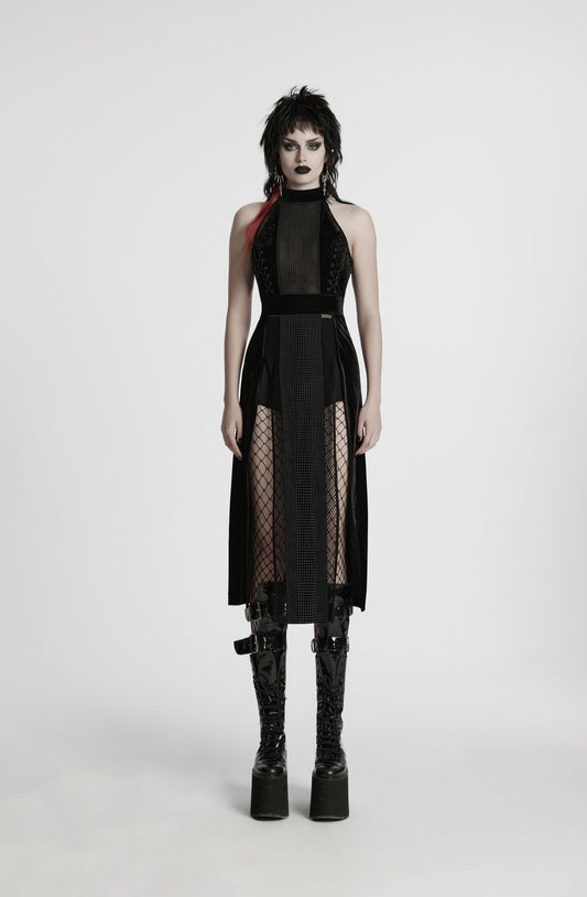 Punk Rave Selene Velvet Mesh High Slit Goth Dress In Black