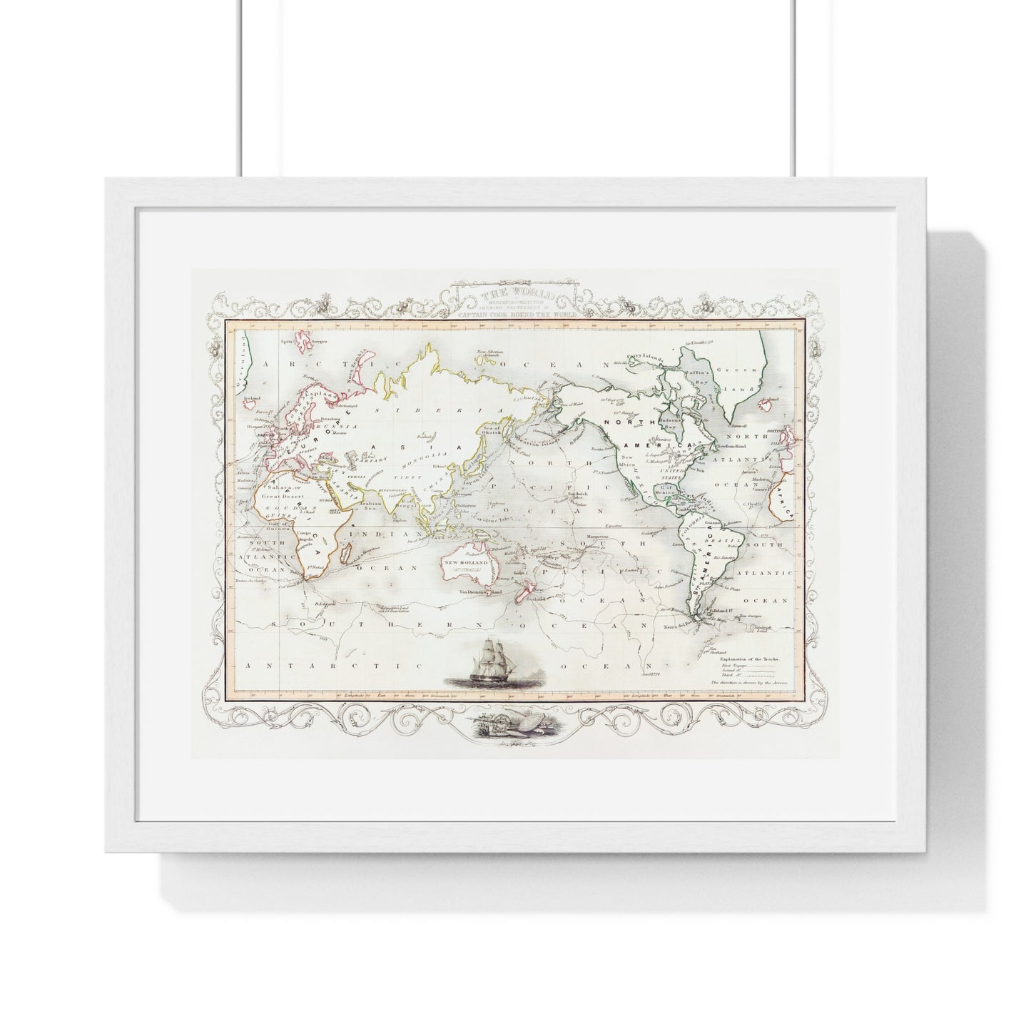 Vintage Map, the Voyages of Captain James Cook (1852) by James Cook, from the Original, Framed Print