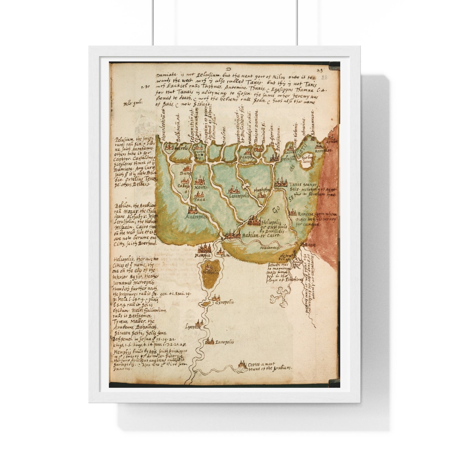 Antique Map of Lower Egypt (circa 1607) from the Original Sir Walter Raleigh Manuscript, Framed Print